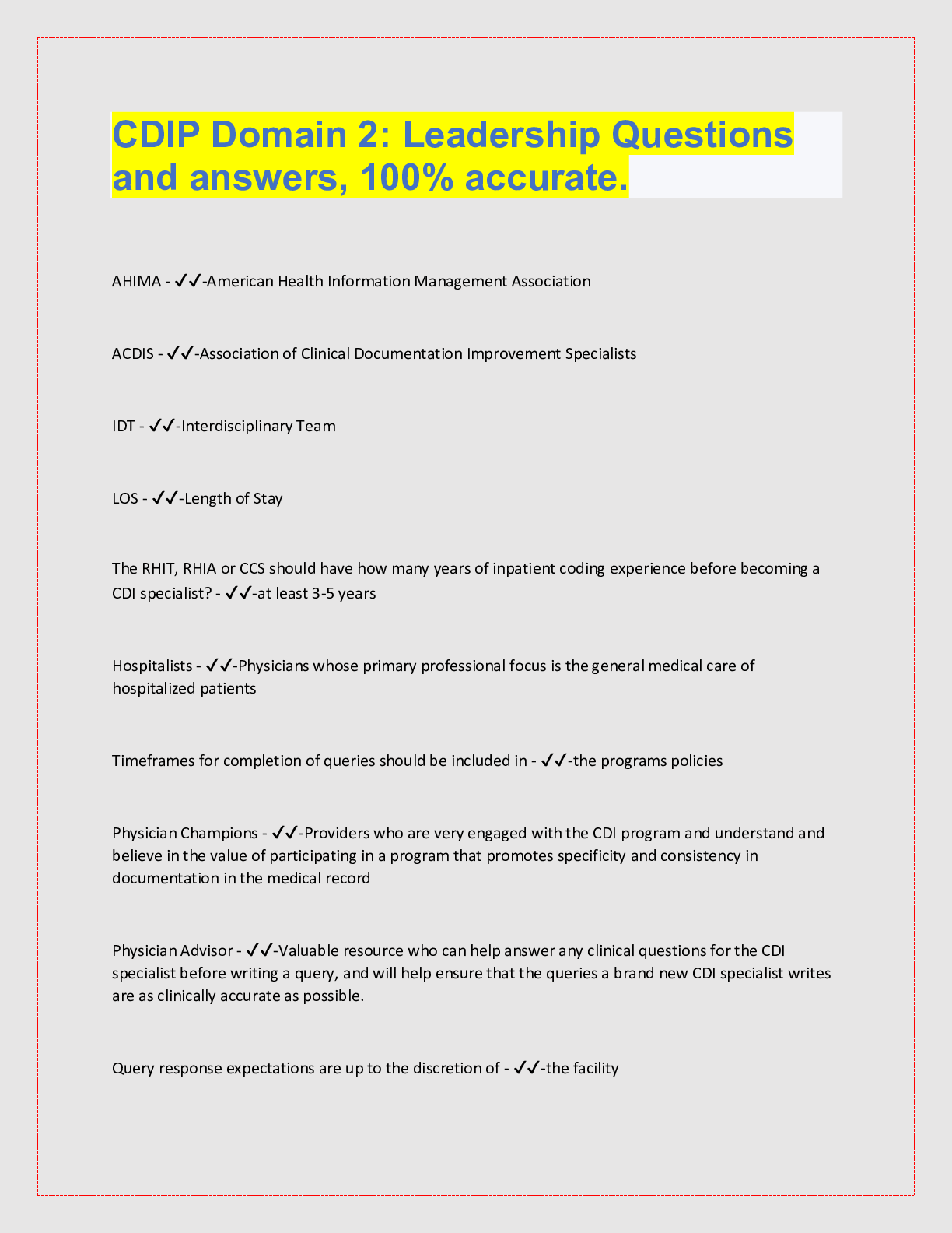 Preview image for CDIP Domain 2: Leadership Questions  and answers, 100% accurate.